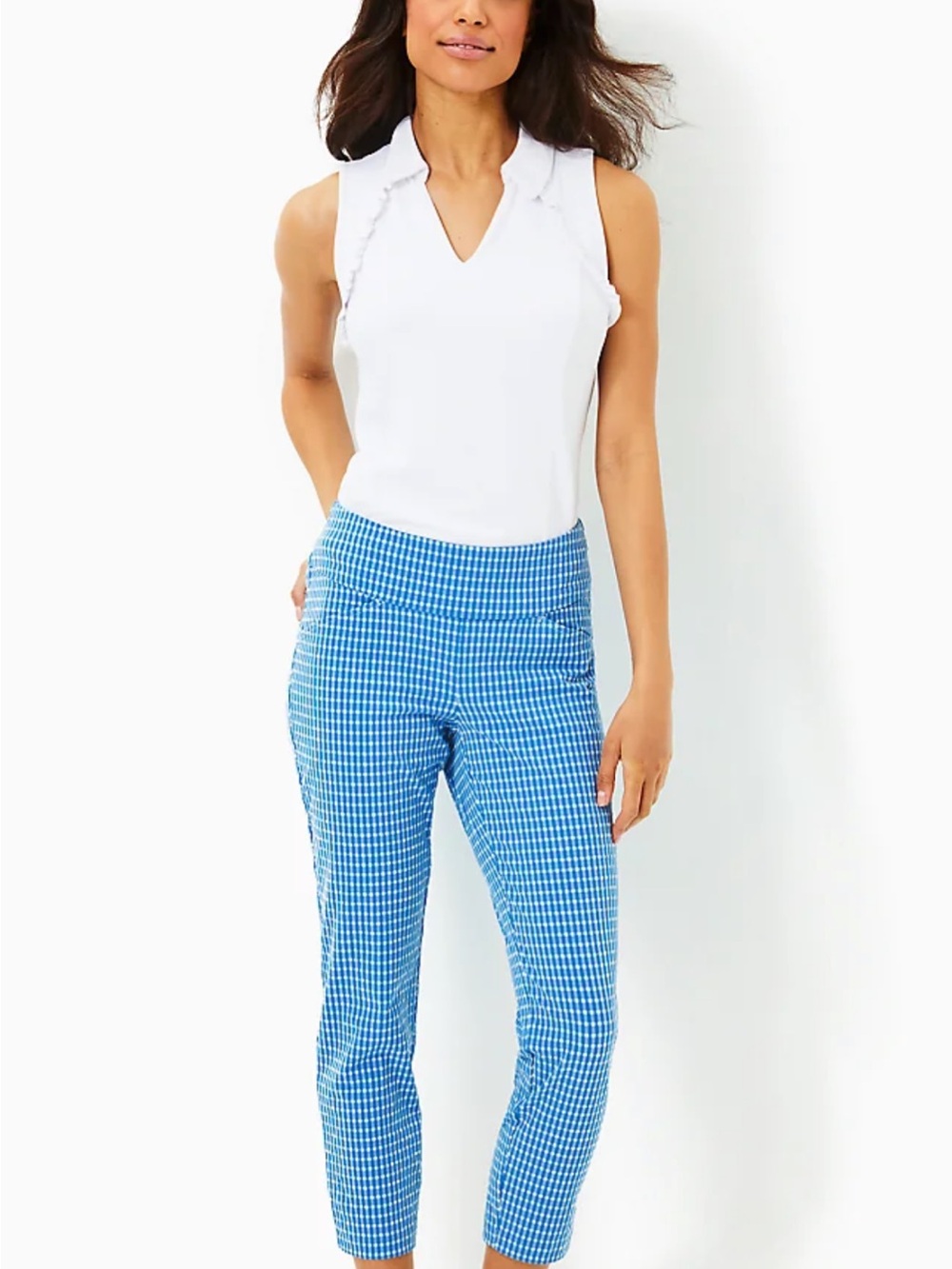 Lilly Pulitzer Luxletic 25" Corso Crop Pants Morelle Blue Gingham, Size 4